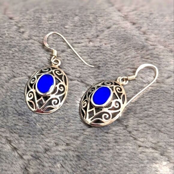 Vintage Sterling Silver & Lapis Lazuli Filigree Pierced Earrings - Picture 3 of 8